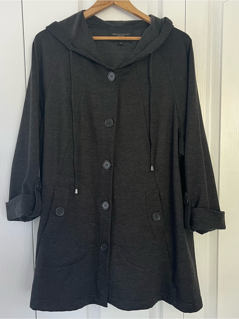 Christian Siriano Swing Jacket Womens 1X Gray Hooded Button Front Knit. Pockets